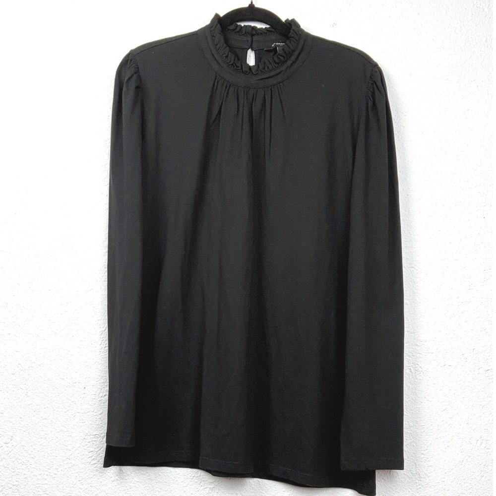 Banana Republic Black Ruffle Neck Top - L - Long Sleeve Pleated Minimalist Chic